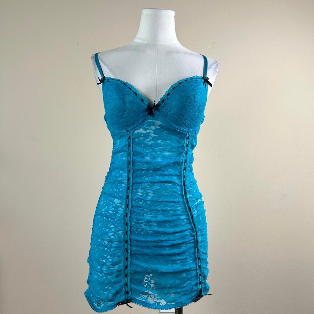 Blue Scene Ruched Slip with Black Bow and Lace Contrast Details